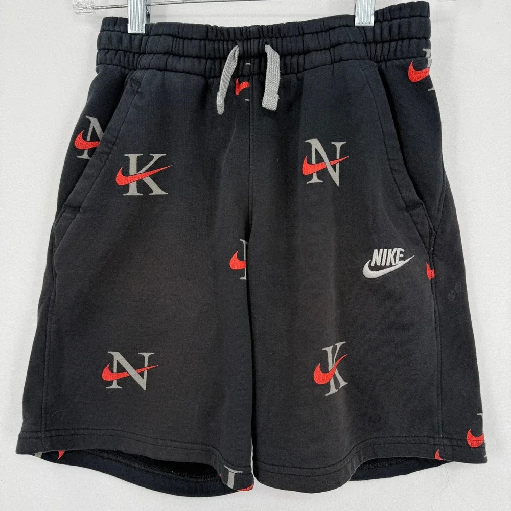 Nike Kids Boys Shorts Black Red Gray‎ Fleece Logo All Over Print DX5703 Medium